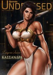 1girls armband armlet assassin's_creed_(series) assassin's_creed_odyssey breasts brown_eyes brown_hair dandon_fuga female female_protagonist kassandra long_hair looking_at_viewer magazine_cover nipple_bulge pokies solo solo_female ubisoft