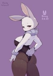 1girls anthro ass blush breasts bunny bunny_ears bunny_girl bunny_tail bunnysuit female furry honeycalamari looking_at_viewer neck_tuft pantyhose purple_background rabbit sideboob solo solo_female thick_thighs white_fur wrist_tuft