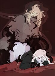 alba_(twistedtemptation) ass avoid_posting black_background blonde_hair bodily_fluids clothed clothing cum demon duo femboy genital_fluids goo_creature hair hi_res humanoid male male/male partially_clothed sex simple_background twistedtemptation white_hair yuuya_(twistedtemptation)