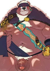 2020 absurd_res anthro balls belly flaccid genitals hi_res kemono kimun_kamui_(tokyo_afterschool_summoners) male male_only mammal moobs navel nipples overweight overweight_anthro overweight_male penis quanjiang scar simple_background solo tokyo_afterschool_summoners ursid video_games white_background