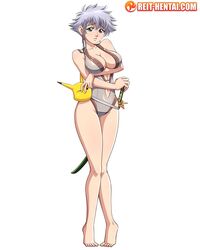 1girls barefoot big_breasts bleach breasts center_opening female female_only grey_hair katana keaton_mask kotetsu_isane looking_at_viewer navel navel_cutout one-piece_swimsuit reit short_hair solo swimsuit watermark white_background