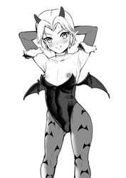 1boy androgynous armpits arms_behind_back bat_wings black_and_white blush bulge clothing cosplay crossdressing crossplay darkstalkers devil_horns elbow_gloves femboy feminine_male girly leotard link looking_at_viewer male male_only morrigan_aensland morrigan_aensland_(cosplay) nipples pantyhose print_legwear smile solo tamatamako the_legend_of_zelda trap visible_nipples white_background