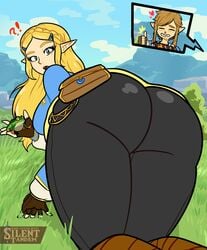 1boy 1girls ?! ass ass_focus back_view big_ass big_butt blonde_hair blue_eyes bottom_heavy breath_of_the_wild bubble_ass bubble_butt butt_focus dat_ass female fingerless_gloves frog fully_clothed heart hot-footed_frog huge_ass hylian kneeling large_ass leggings link link_(breath_of_the_wild) long_hair male nintendo on_knees outdoors pale-skinned_female pale_skin pants pointed_ears pointy_ears princess_zelda silenttandem the_legend_of_zelda thick_ass thick_thighs thighs tight_clothing tight_pants zelda_(breath_of_the_wild)