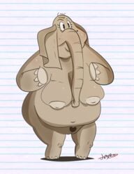 anthro big_breasts big_ears breasts elephant elephantid eyelashes female genitals hi_res hooves jodero mammal mature_female mole_(marking) navel overweight overweight_female proboscidean proboscis_(anatomy) pubes pussy sagging_breasts solo trunk_(anatomy)