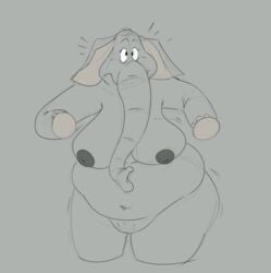 absurd_res anthro big_breasts breasts elephant elephantid eyelashes female genitals grey_background grey_body hi_res hooves inverted_nipples jodero mammal muffin_top navel nipples overweight overweight_female proboscidean proboscis_(anatomy) pussy simple_background solo surprise thick_thighs trunk_(anatomy)