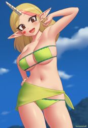 1girls 2020 arm_up armpits artist_name beach bikini blonde_hair breasts brown_hair cheek_tattoo cleavage cloud commission earring eyebrows_visible_through_hair eyepatch_bikini female female_only green_bikini heart_tattoo highlights highres horn kuroonehalf large_breasts long_ears navel open_mouth original original_character pink_highlights pointy_ears sarong side-tie_panties sideboob skirt sky smile solo standing swimsuit tattoo teeth thigh_gap thighs tongue unicorn