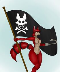 anthro canid canine casual_nudity eye_patch eyewear female five_nights_at_freddy's flag fox foxy_(fnaf) fur hi_res hook hook_hand looking_at_viewer mammal pirate red_body red_fur rorrek simple_background skull_and_crossbones video_games