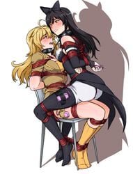 2girls arms_behind_back black_bow black_hair blake_belladonna blonde_hair blush bondage bound_together bow breasts_to_breasts canon_couple chair collar faunus femsub linked_collar long_hair multiple_girls multiple_subs purple_eyes rope rope_bondage rwby ryner-e stockings thighs tied_together tied_up vibrator yang_xiao_long yellow_eyes yuri