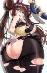 1girls ass big_ass blue_eyes brown_hair bunnysuit chirudo cosplay double_bun leggings lopunny_(cosplay) mega_lopunny_(cosplay) nintendo pale-skinned_female pale_skin pokemon pokemon_(cosplay) pokemon_bw2 ripped_leggings rosa_(pokemon) thick_ass thick_thighs thighs tirudo