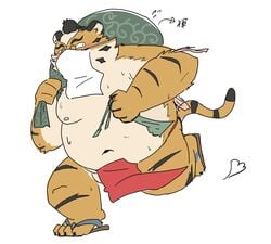 2020 anthro asian_clothing balls belly blush bodily_fluids clothing east_asian_clothing felid footwear fundoshi genitals hi_res hon55728 japanese_clothing kemono male male_only mammal moobs nipples overweight overweight_anthro overweight_male pantherine sandals solo sweat tiger underwear underwear_on_face