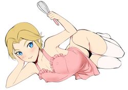 1boy androgynous apron black_panties blonde_hair blue_eyes bulge crossdressing femboy feminine_male girly link looking_at_viewer lying male male_only mixer panties panties_bulge short_hair solo tamatamako the_legend_of_zelda thighhighs trap white_background young_link