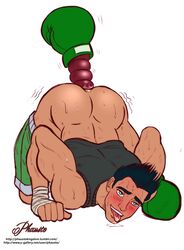 all_fours anal_sex black_hair blue_eyes blush boxing_gloves little_mac male_only muscles nintendo phausto punch-out!! punch_out saliva saliva_trail sex_toy shaking solo solo_male super_smash_bros. sweat tank_top tongue tongue_out white_background