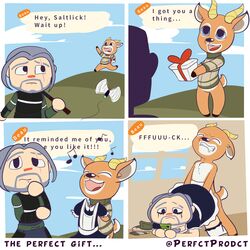 1:1 absurd_res ambiguous_penetration animal_crossing anthro anthro_penetrating anthro_penetrating_human beau_(animal_crossing) cervid chest_tuft closed_eyes clothing comic distracted_sex duo english_text eyeshadow from_behind_position gift happy hi_res hooves horn human humor maid_uniform makeup male male/male mammal nintendo penetration penile_penetration running_makeup sex text the_perfect_product_(artist) tuft uniform video_games villager_(animal_crossing)