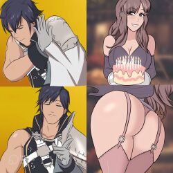 1boy 1girls armor ass ass_focus bare_thighs big_ass birthday birthday_cake blue_hair breasts brown_eyes brown_hair cake candle chrom_(fire_emblem) cleavage closed_eyes clothed comic drake_meme elbow_gloves female fire fire_emblem fire_emblem_awakening food garter_straps gift glazinbuns gloved_hands gloves grey_eyes grin large_ass large_breasts leggings long_hair male meme muscular_male nintendo panels panties partially_clothed pink_panties presenting presenting_hindquarters short_hair showing_ass smile straight sumia_(fire_emblem) thighhighs thighs upskirt