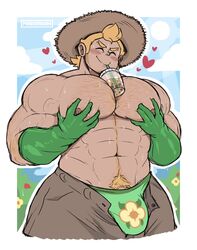 1boy 1male abs bara blonde_hair blushing boba_tea body_hair bulge dick_root drinking eyes_closed facial_hair flaccid frieddough gardener gloves hat hearts holding_breasts human love_hearts male male_only male_pubic_hair manly masculine muscular_male open_fly original_character outdoors pecs pubic_hair pubic_tuft scruffy_beard shirtless smiling solo straw sweat topless underwear veins wigory_(frieddough)