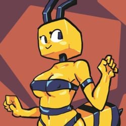 1:1 1girls :> antennae armpits bare_shoulders bee bee_(minecraft) belly_button blue_eyes blush blushing breasts cleavage erect_nipples female female_only humanoid looking_back minecraft navel nipple_bulge nipples shiny_skin solo solo_female stinger stripes yellow_skin