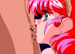 1boy 1girls 90s animated blue_eyes censored cyomi earrings eyebrows_visible_through_hair eyes_visible_through_hair female game_cg head_grab irrumatio lipstick lowres makeup male nude oral penis pink_hair rape red_lipstick simple_background sogna tears testicles thighs viper_(series) viper_v12