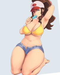 1girls big_breasts blue_eyes brown_hair hilda_(pokemon) ice_cream large_breasts long_hair minishorts nintendo pale-skinned_female pale_skin pokemon pokemon_bw ponytail shorts sketch solo thick_thighs thighs unfinished wip yotahen