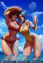 2girls beach big_breasts bikini blue_eyes blue_hair blue_lipstick borderlands borderlands_2 breasts cleavage female female_focus female_only hips lilith_(borderlands) lipstick looking_at_viewer luminyu makeup maya_(borderlands) navel red_hair red_lipstick redhead short_hair siren_(borderlands) spiky_hair summer tattoo tattoos thick_thighs thighs water watermark wet yellow_eyes