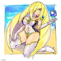 1girls big_breasts blonde_hair blush breasts female green_eyes large_breasts lusamine_(pokemon) mature_female milf mother nintendo oomasa_teikoku pale-skinned_female pale_skin pokemon pokemon_sm thick_thighs thighs voluptuous wide_hips