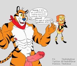 arthropod balls bee blush duo embarrassed english_text felid frosted_flakes genitals hi_res humanoid_genitalia humanoid_penis hymenopteran insects kellogg's loopy male male_only mammal mascot nipples pantherine penis scarf text thekinkybear tiger tony_the_tiger uncut wings yellow_eyes