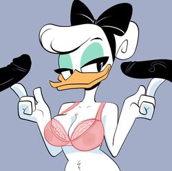 2020 absurd_res accessory anatid anseriform anthro aunt_maire avian beak bird bra breasts cleavage clothed clothing daisy_duck disembodied_penis disney drpizzaboi1 duck ducktales_(2017) eyeshadow faceless_male feathers female genitals hair hair_accessory hair_ribbon hairbow hi_res makeup male nipples penis ribbons soft_feathers straight translucent translucent_clothing underwear white_body white_feathers white_hair