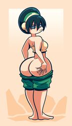 1girls 2020 alternate_breast_size ass avatar_the_last_airbender big_ass black_hair blind bubble_butt clothing female female_focus female_only looking_back looking_down medium_breasts mythabyss nickelodeon pants_down shorts solo solo_female toph_bei_fong