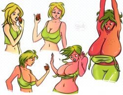 1girls bikini breast_expansion breasts cleavage female female_only food_transformation gisarts green_hair hair_color_change huge_breasts midriff navel original original_character red_skin sequence skin_color_change solo solo_female strawberry thigh_expansion transformation transformation_sequence