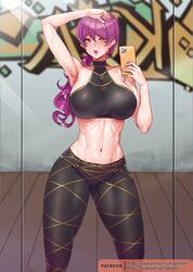 1girls big_breasts evelynn fully_clothed gonster k/da_evelynn k/da_series large_breasts league_of_legends long_hair midriff navel phone purple_hair selfie standing sweat thick_thighs tight_clothes wide_hips yellow_eyes