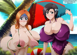 ! ...! 2girls alternate_breast_size alternate_version_available areolae arm_under_breasts artist_name ass ass_visible_through_thighs bangs bare_shoulders beach beach_ball beach_towel big_ass big_breasts big_nipples bikini black_hair bleach blush breasts bursting_breasts cleavage clenched_teeth clothing cloud collarbone curvy duo embarrassed erect_nipples ero-enzo eyelashes female female_focus female_only g-string grey_eyes hair_ornament hinamori_momo hips huge_breasts human inoue_orihime large_areolae large_ass large_breasts leaning_forward long_hair looking_at_viewer micro_bikini multiple_girls navel nipple_bulge nipple_slip nipples nipples_visible_through_clothing ocean one-piece_swimsuit orange_hair outdoors outside palm_tree parted_bangs parted_lips revealing_clothes rtenzo sand shiny_skin short_hair skimpy skindentation smile swimsuit teeth thighs thong tree umbrella url voluptuous wardrobe_malfunction water watermark wide_hips