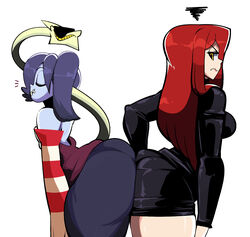 angry ass ass_press big_ass breasts closed_eyes gerard_burn leviathan_(skullgirls) pale-skinned_female pale_skin parasoul proud purple_hair purple_skin red_hair skullgirls smile smiling squigly stitched_mouth sunglasses thick_thighs white_background yellow_eyes zombie zombie_girl