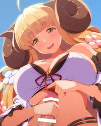 1boy ahoge anila_(granblue_fantasy) bangs bar_censor blonde_hair blunt_bangs blush breasts censored cleavage commentary_request draph eyebrows_visible_through_hair female granblue_fantasy hair_ornament handjob highres horns imminent_paizuri large_breasts long_hair open_mouth penis sheep_horns shinki_(shinki59) smile solo_focus straight sweat teeth thick_eyebrows upper_teeth yellow_eyes