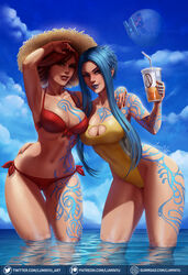 2girls beach big_breasts bikini blue_eyes blue_hair blue_lipstick borderlands borderlands_2 borderlands_3 breasts cleavage female female_focus female_only hips lilith_(borderlands) lipstick long_hair looking_at_viewer luminyu makeup maya_(borderlands) multiple_girls navel red_hair red_lipstick redhead short_hair siren_(borderlands) spiky_hair summer tattoo tattoos thick_thighs thighs water watermark wet yellow_eyes