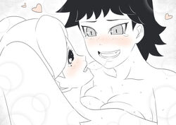 2girls after_kiss bangs big_breasts blush boruto:_naruto_next_generations breast_press breast_to_breast breasts eeshin_(eishin5584) izuno_wasabi long_hair monochrome naked naruto naruto_(series) nude open_mouth saliva saliva_string short_hair suzumeno_namida tears tears_of_joy tied_hair twintails upper_body younger_female yuri