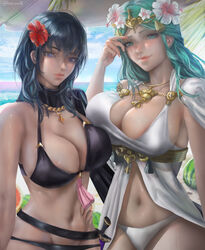 2girls bare_midriff big_breasts bikini black_bikini black_swimsuit byleth_(fire_emblem) byleth_(fire_emblem)_(female) byleth_(summer)_(fire_emblem)_(female) cleavage clothed_female female/female female_focus female_only fire_emblem fire_emblem:_three_houses fire_emblem_heroes flower_in_hair huge_breasts large_breasts large_penis long_hair nintendo oscuroii rhea_(fire_emblem) rhea_(summer)_(fire_emblem) swimsuit teal_hair white_bikini white_swimsuit yuri