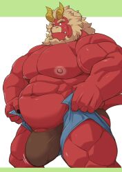 1boy absurdres bara beard big_belly blank_eyes bouncing_bulge brown_male_underwear bulge bulge_lift colored_skin cropped_legs curled_horns demon_boy demon_horns denim denim_shorts dressing facial_hair forked_eyebrows furry furry_male gardie_(otsukimi) gardie_(otukimi) highres horns huge_eyebrows huge_pectorals i've_never_seen_a_guy_recreate_this_successfully_tbh_(meme) large_bulge large_pectorals large_penis lion_hair long_hair male_focus male_underwear meme muscular muscular_male nervous_sweating nipples open_pants original otsukimi pants pants_lift pectorals penis penis_peek plump red_skin shorts solo strongman_waist sweat thick_thighs thighs topless_male undersized_clothes underwear