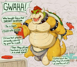 2020 anthro armband balls belly big_balls big_penis bowser bowser_day bulge chubby_male clothing clothing_too_small collar detailed_background dialogue digital_media_(artwork) english_text flaccid genitals holding_object horn koorivlf male male_only mario_(series) mostly_nude nintendo penis poking_out scalie slightly_chubby solo steam text towel uncut underwear video_games water wet