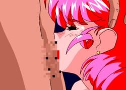 1boy 1girls 90s animated censored closed_eyes cyomi earrings eyebrows_visible_through_hair female game_cg head_grab irrumatio lipstick lowres makeup male nude oral penis pink_hair rape red_lipstick simple_background sogna tears testicles thighs viper_(series) viper_v12