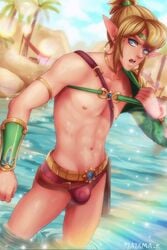 1boy abs androgynous artist_name blonde_hair blue_eyes breath_of_the_wild bulge desert_voe_headband desert_voe_link desert_voe_set desert_voe_spaulder desert_voe_trousers hoop_earrings humanoid hylian katamak link long_hair_male male male_nipples male_only no_visible_genitalia penis_bulge pointy_ears possumdaddi pretty_boy smooth_skinned_male speedo the_legend_of_zelda twink