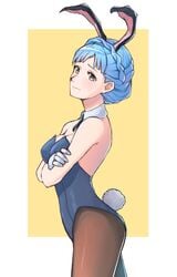 blue_hair blush braided_hair brown_eyes bunny_ears bunnysuit crown_braid embarrassed fire_emblem fire_emblem:_three_houses grimmelsdathird leotard light_blue_hair marianne_von_edmund nintendo