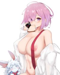 1girls areolae blush breasts confused eyebrows_visible_through_hair fate/grand_order fate_(series) food food_in_mouth fou_(fate) glasses hair_between_eyes hair_over_one_eye highres huge_breasts large_breasts lavender_hair looking_at_viewer mash_kyrielight mouth_hold navel nipples phone purple_eyes purple_hair shiny shiny_hair shirt simple_background sitting solo soveno stomach toast toast_in_mouth white_shirt