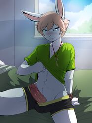 art_trade balls_under_clothes bed blue_eyes blush furry lagomorph long_ears male male_only munks_(artist) necklace orange_hair penis rabbit shirt_lift short_hair shorts white_fur