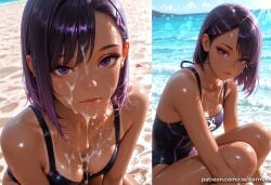 1girl ai_generated bangs beach black_one-piece_swimsuit blush breasts cleavage closed_mouth collarbone cum cum_on_body cum_on_breasts cum_on_hair dark-skinned_female dark_skin day facial female female_only hair_ornament hairclip kermixx lips looking_at_viewer makeup medium_breasts mole mole_under_eye multiple_views ocean one-piece_swimsuit outdoors overwatch patreon_username purple_eyes purple_hair shiny shiny_skin short_hair sitting sombra swimsuit tan web_address wet