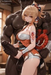 1boy 1girl ai_generated arm_tattoo bandaged_arm bandaged_leg bandages bare_shoulders black_sash blonde_hair blush breast_tattoo breasts chest_sarashi chest_tattoo choker cleavage closed_mouth clothed_female_nude_male clothing collarbone dark-skinned_male dark_skin earrings erection eyeliner female flower_tattoo from_side genshin_impact hair_between_eyes hair_ornament handjob hetero huge_penis huge_testicles indoors interracial japanese_clothes jewelry kimono large_breasts large_penis large_testicles long_hair looking_at_viewer makeup male medium_breasts muscle muscular muscular_male nipples nude obi orange_eyes orange_kimono pendant_choker penis penis_grab ponytail red_choker sarashi sash short_kimono shoulder_tattoo smile standing tattoo testicles thighs two-handed_handjob vantawaifu veins veiny_penis very_dark_skin vision_(genshin_impact) wrist_wrap yellow_eyes yoimiya_(genshin_impact)