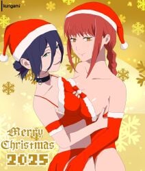 2girls adult adult_female anime anime_character black-haired_female black_choker black_hair braid braided_hair braided_ponytail breast_press breast_press_on_chest breasts_press breasts_pressed_against_another breasts_pressed_against_partner breasts_pressed_together busty busty_female busty_girl chainsaw_man choker christmas christmas_bikini christmas_clothes christmas_clothing christmas_costume christmas_dress christmas_gloves christmas_hat christmas_headwear christmas_outfit christmas_topwear closed_mouth_smile duo european european_female european_girl fanart green-eyed_female green_eyes makima_(chainsaw_man) mappa mature mature_female mature_woman multiple_females multiple_girls open_mouth open_mouth_smile parted_lips ponytail pressing_breast_on_partner pressing_breasts pressing_breasts_together red-haired_female red_hair reze_(chainsaw_man) ring_eyes ringed_eyes russian russian_female russian_girl santa_costume shonen_jump shueisha sidelocks smile smiley_face smiling smiling_at_viewer tongue weekly_shonen_jump woman yellow-eyed_female yellow_eyes