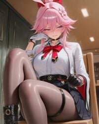 1girl 1girls ai_generated big_breasts big_thighs breasts disgusted evanescia_(honkai:_star_rail) female female_only honkai:_star_rail huge_thighs large_thighs legs_up pantyhose sexy_body sexy_pose shiny_skin sitting sitting_on_chair skirt skirt_up thick_legs thick_thighs thighs uncensored