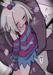 1boy 1girl absurdres aqua_eyes blush breath clothed_female_nude_male collarbone commentary_request dark-skinned_male dark_skin dress fingering grey_hair grin hair_bobbles hair_ornament half-closed_eyes hetero highres interracial long_sleeves musical_note nude off_shoulder pokemon pokemon_black_2_and_white_2 roxie_(pokemon) sitting sitting_on_lap sitting_on_person smile spoken_musical_note spread_legs striped_clothes striped_dress sweat teeth togeimeizin topknot