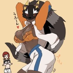 2girls :( bearcatmon bra breasts breasts_out curvy curvy_figure dark-skinned_female dark_skin digimon digimon_(species) digimon_beatbreak female female_focus female_only gerusyu hip_sway jealous jealous_female large_breasts lingerie_bra long_hair looking_at_viewer mask masked masked_female open_clothes open_jacket orange_bra red_hair sad sakuya_reina seductive seductive_look sexy sexy_pose shorts thick thick_thighs thighhighs thighs tomboy white_shorts wide_hips