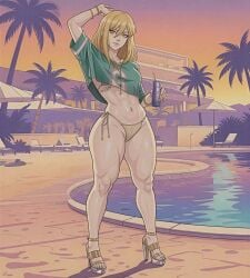 1girl ai_assisted ai_generated bikini bikini_bottom bikini_top crop_top female female_focus female_only grand_theft_auto_vi high_heels long_hair muscular muscular_female poolside straight_hair tagme unknown_artist white_skin
