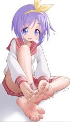 1girls bandana cute diadem feet foot_fetish j.c.14 lucky_star nail_clippers purple_hair sailor_collar sailor_uniform short_hair skirt soles solo solo_female toes tsukasa_hiiragi yellow_bandana yellow_bandanna